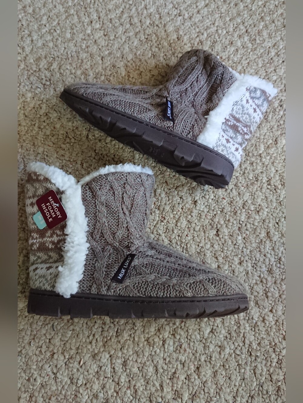 Muk Luks Taupe Cable Knit Sherpa-Lined  Boot Slippers size 6
